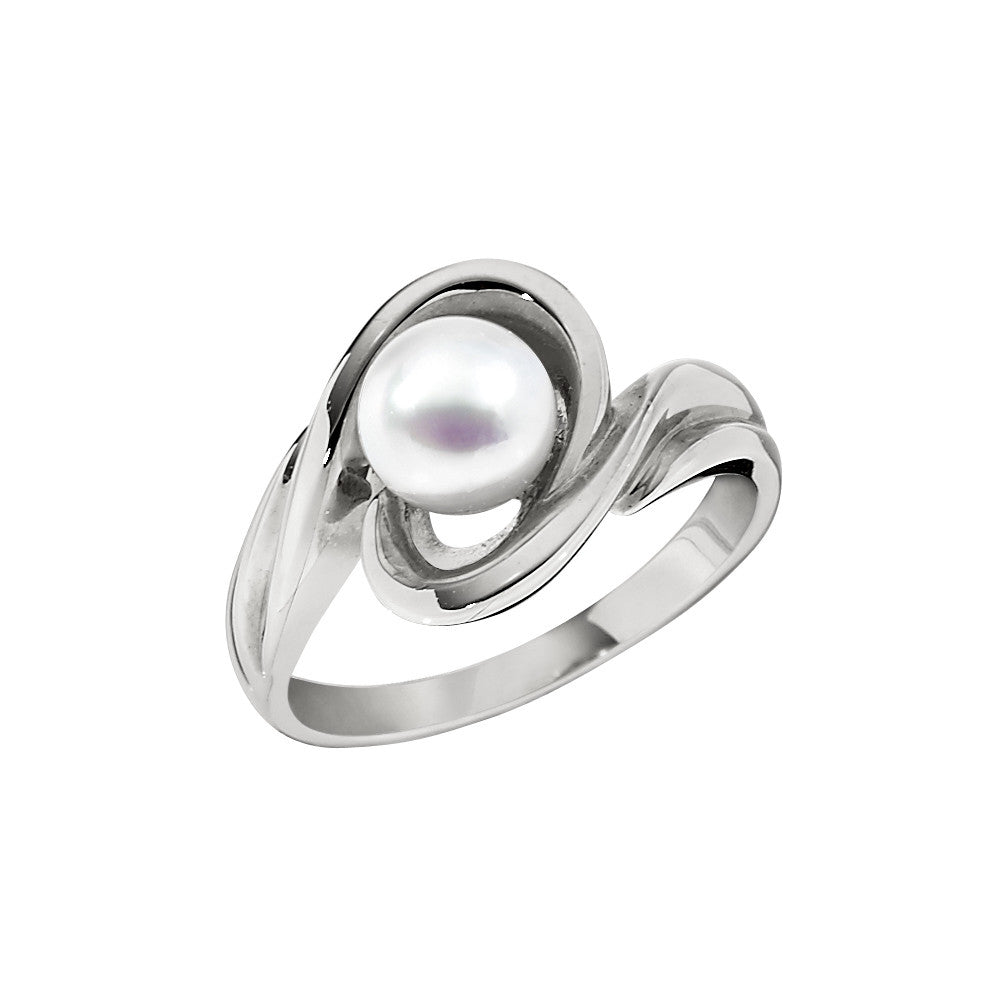 pearl white gold ring, cultured pearl gold ring, swirl gold pearl ring, bypas pearl ring, bypass cultured pearl ring