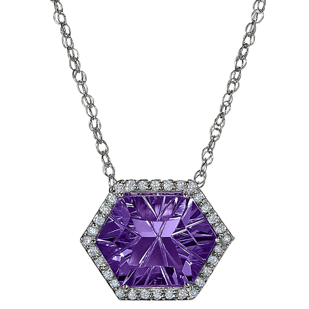 Halo Concave Hexagon Rhodolite and Diamond Necklace Worn Two Ways