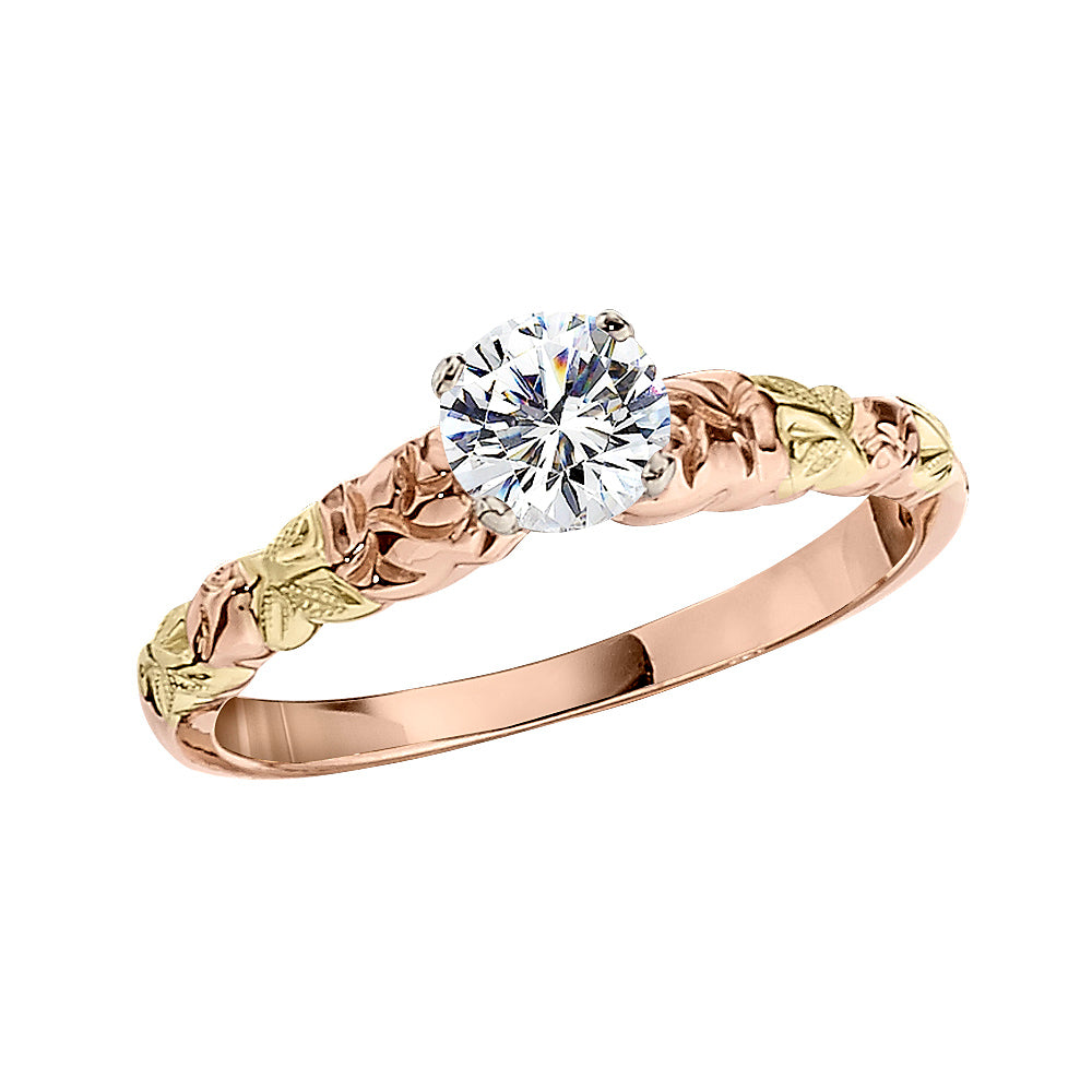 Vintage Style Pink and Green Gold Rose and Leaf Engagement Ring