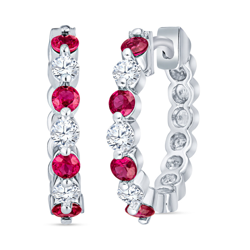 ruby and diamond hoop, ruby diamond hoops, delicate precious gemstone diamond hoop earrings