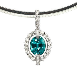 blue zircon necklace, diamond and blue zircon necklace, december birthstone necklace, omega necklace