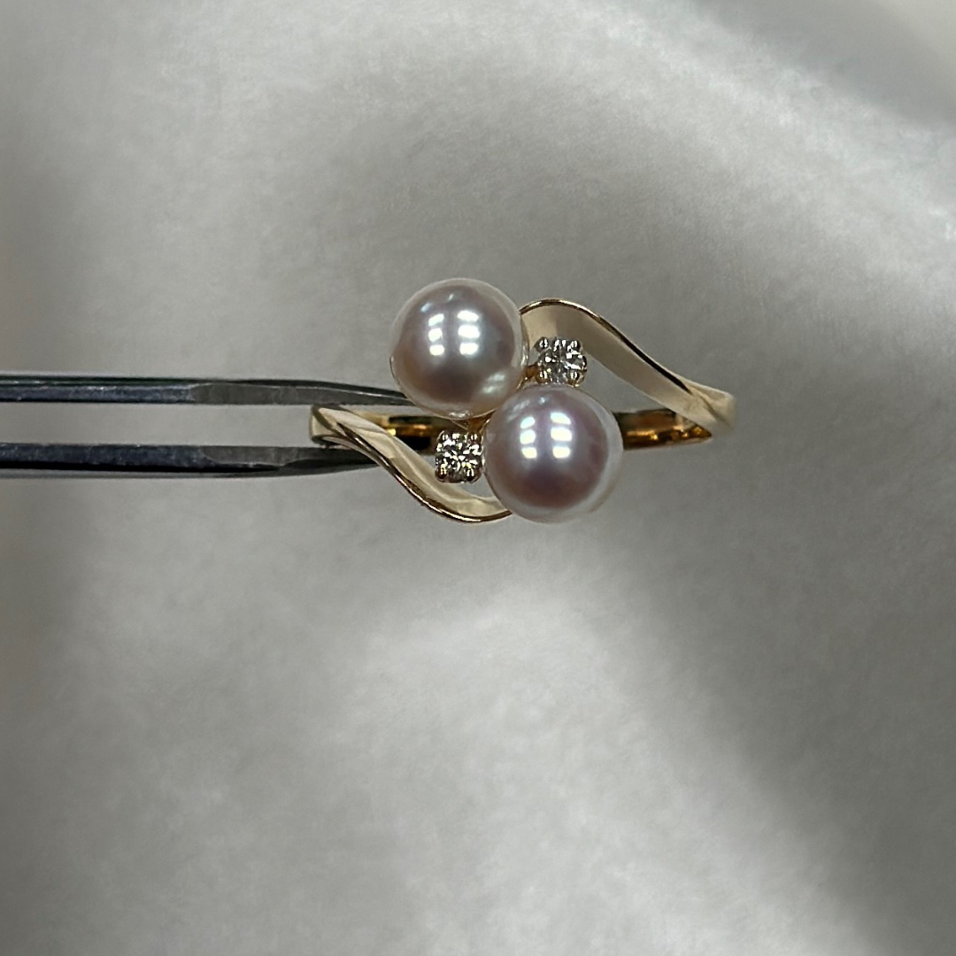 double pearl ring with diamond in 14KT yellow gold. American Made Jewelry for cultured pearl