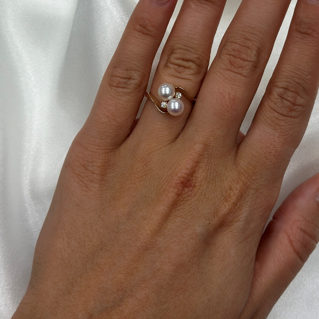 double pearl ring with diamond in 14KT yellow gold. American Made Jewelry for cultured pearl