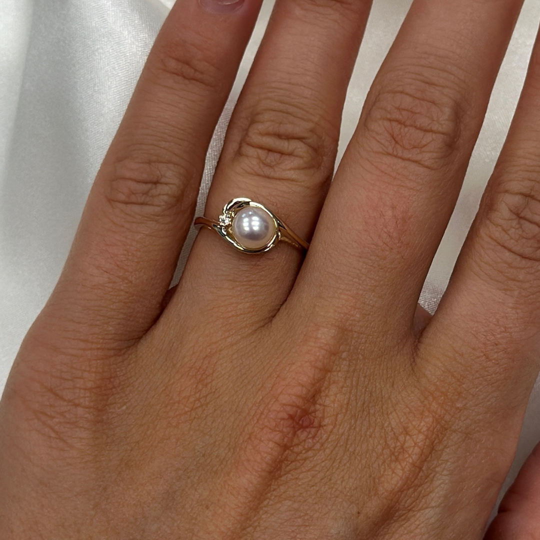 Classic cultured pearl and diamond ring 14KT Gold Yellow a Made In America Ring