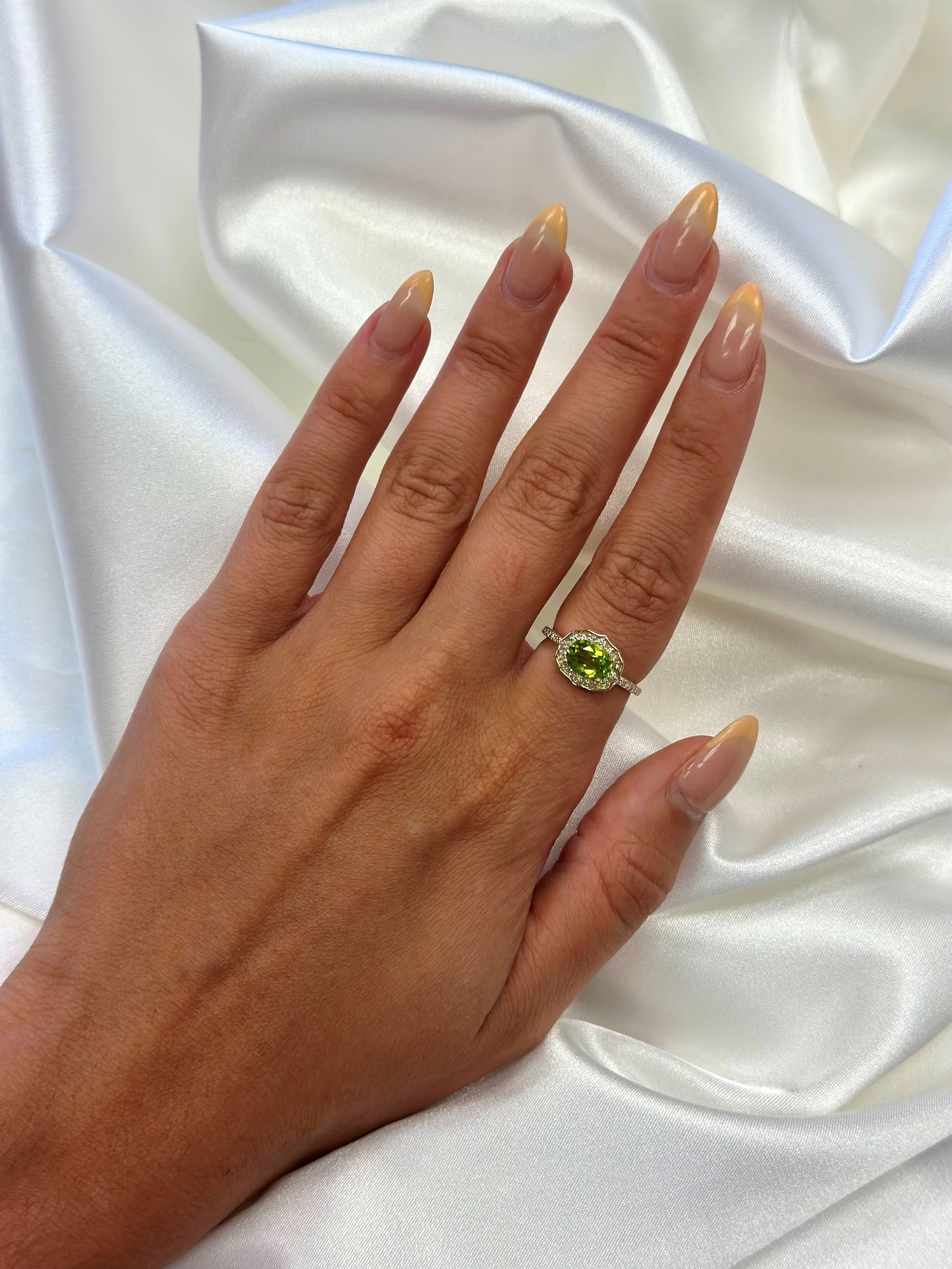 East West Gemstone Halo Ring, vintage style east west peridot ring, peridot diamond ring, peridot diamond gold ring