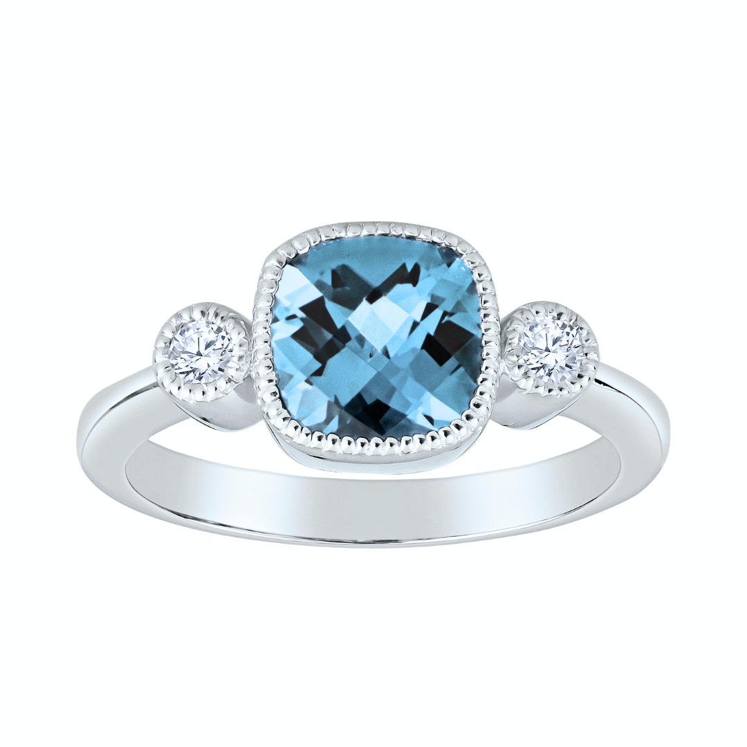 Made in America Jewelry Aquamarine and Diamond Ring in 14KT White Gold Inspired By Vintage Rings