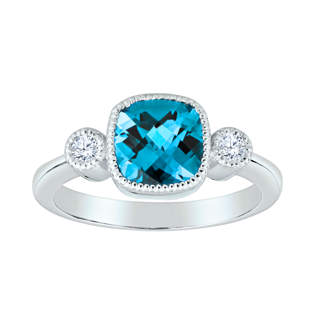 Made in America Jewelry Blue Topaz and Diamond Ring in 14KT White Gold Inspired By Vintage Rings