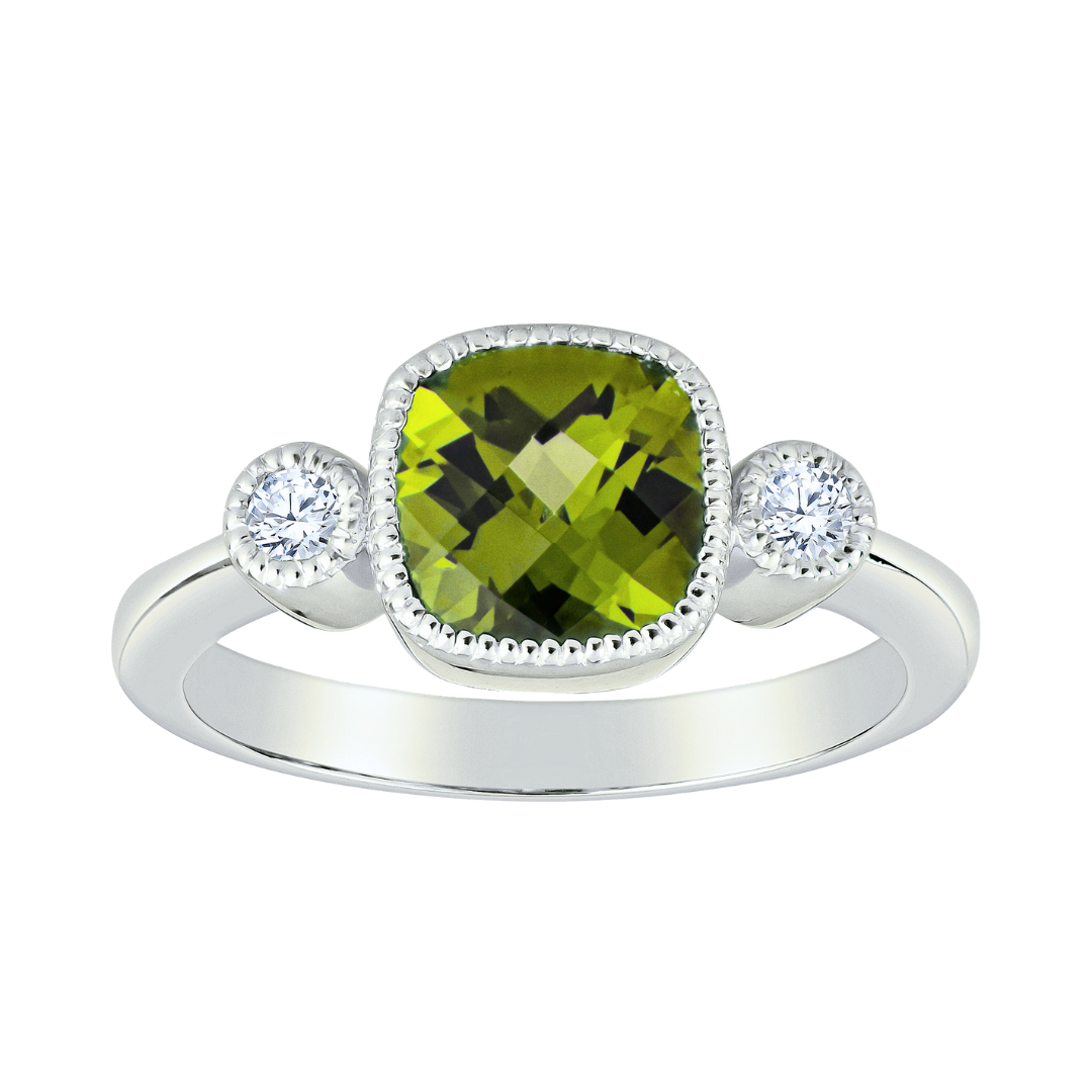 Made in America Jewelry Peridot and Diamond Ring in 14KT White Gold Inspired By Vintage Rings