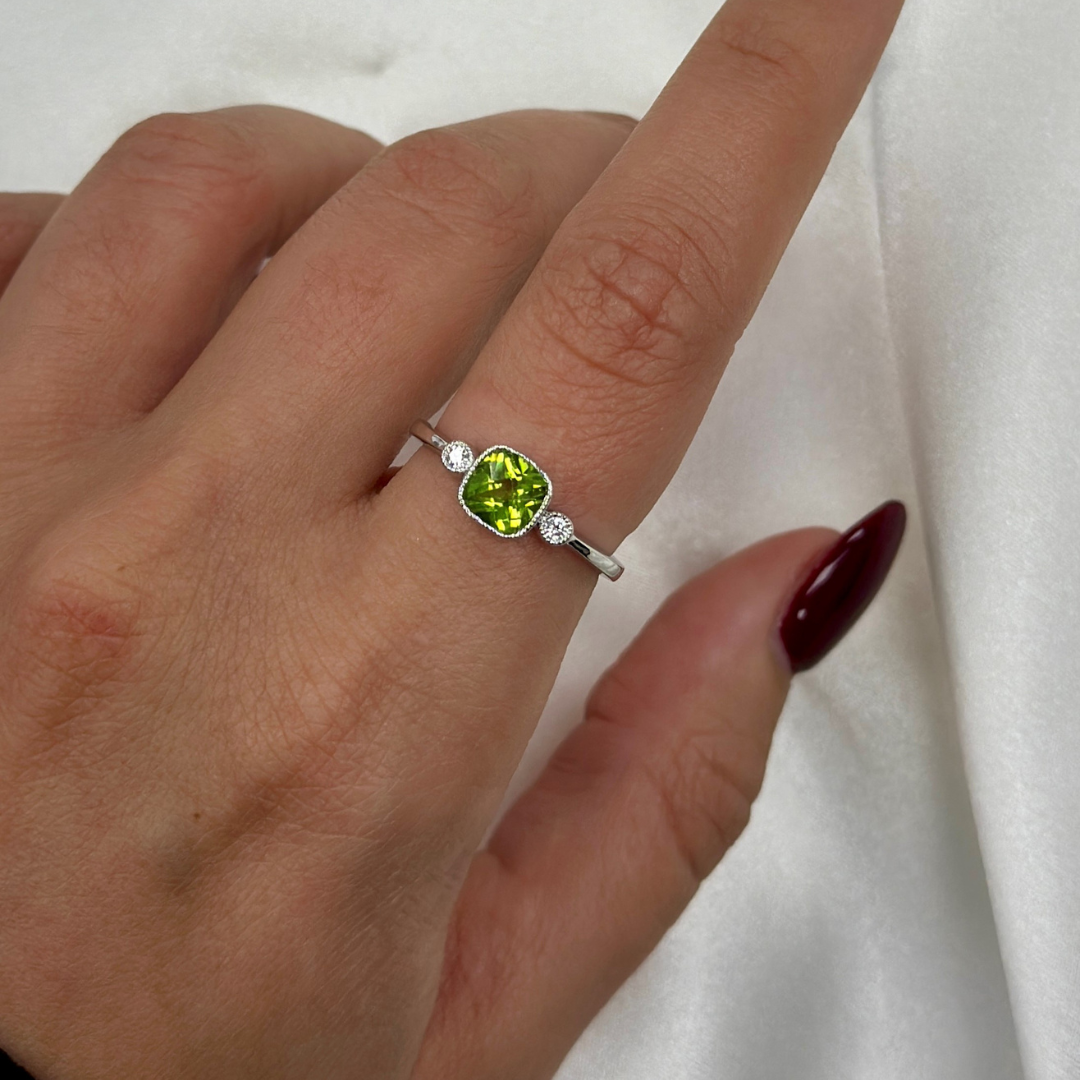 Made in America Jewelry Peridot and Diamond Ring in 14KT White Gold Inspired By Vintage Rings