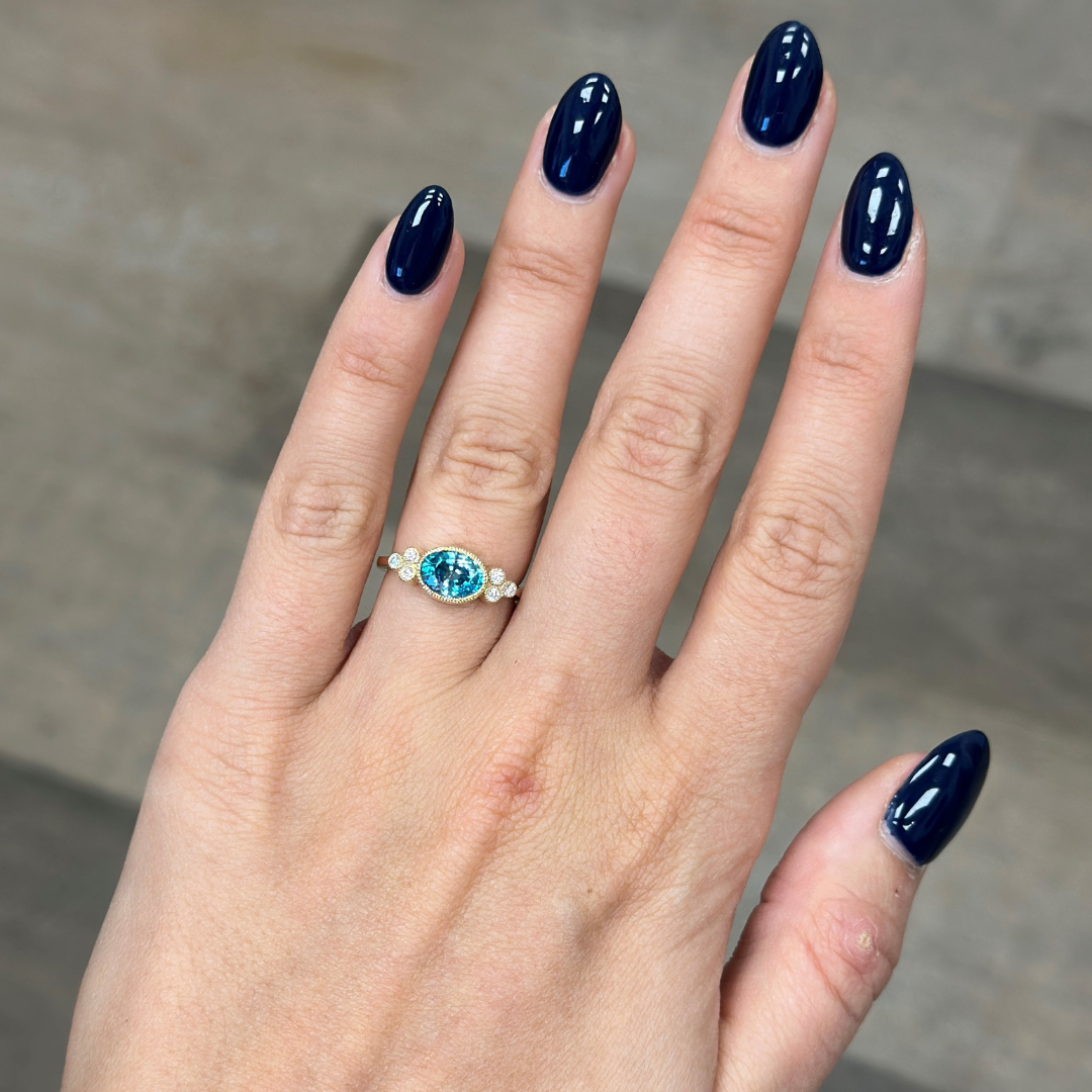 vintage style ring blue zircon and diamonds in 14KT White Gold Made In USA jewelry