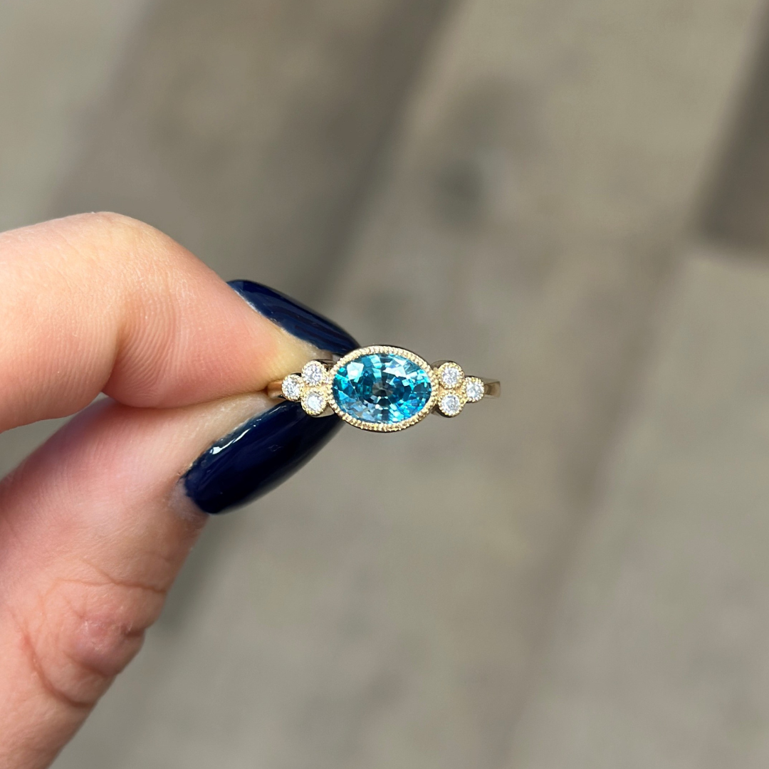 vintage style ring blue zircon and diamonds in 14KT White Gold Made In USA jewelry