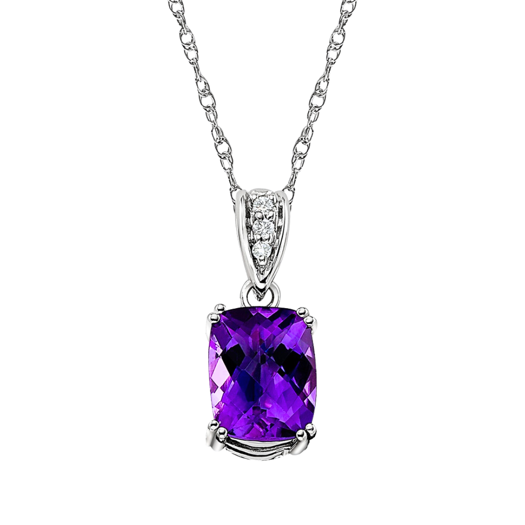Amethyst Cushion Checkerboard and Diamond Pendant with Double Vintage Style Prongs in Gold