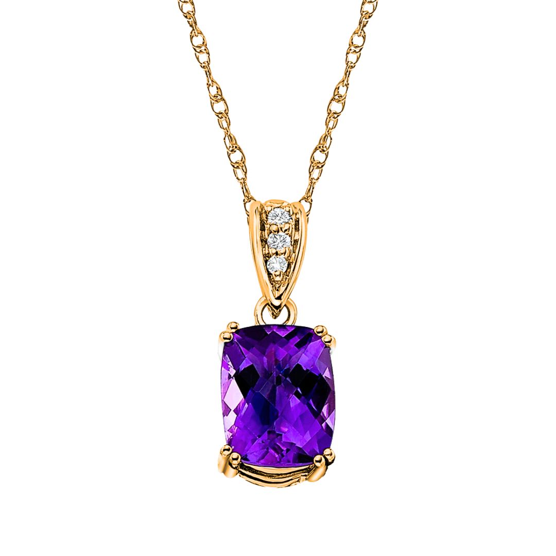 Amethyst Cushion Checkerboard and Diamond Pendant with Double Vintage Style Prongs in Gold