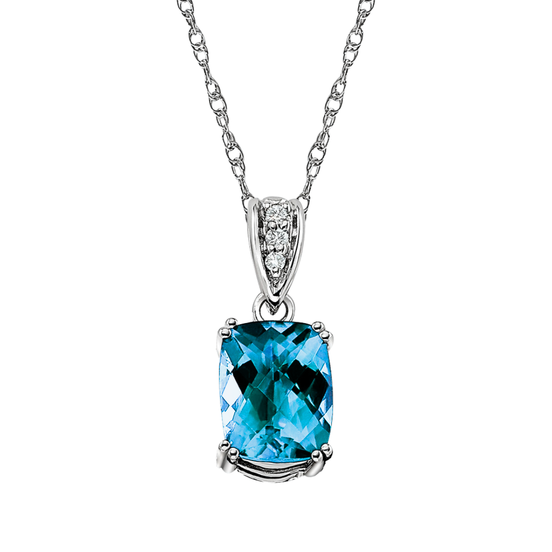 Blue Topaz Cushion Checkerboard and Diamond Pendant with Double Vintage Style Prongs in Gold