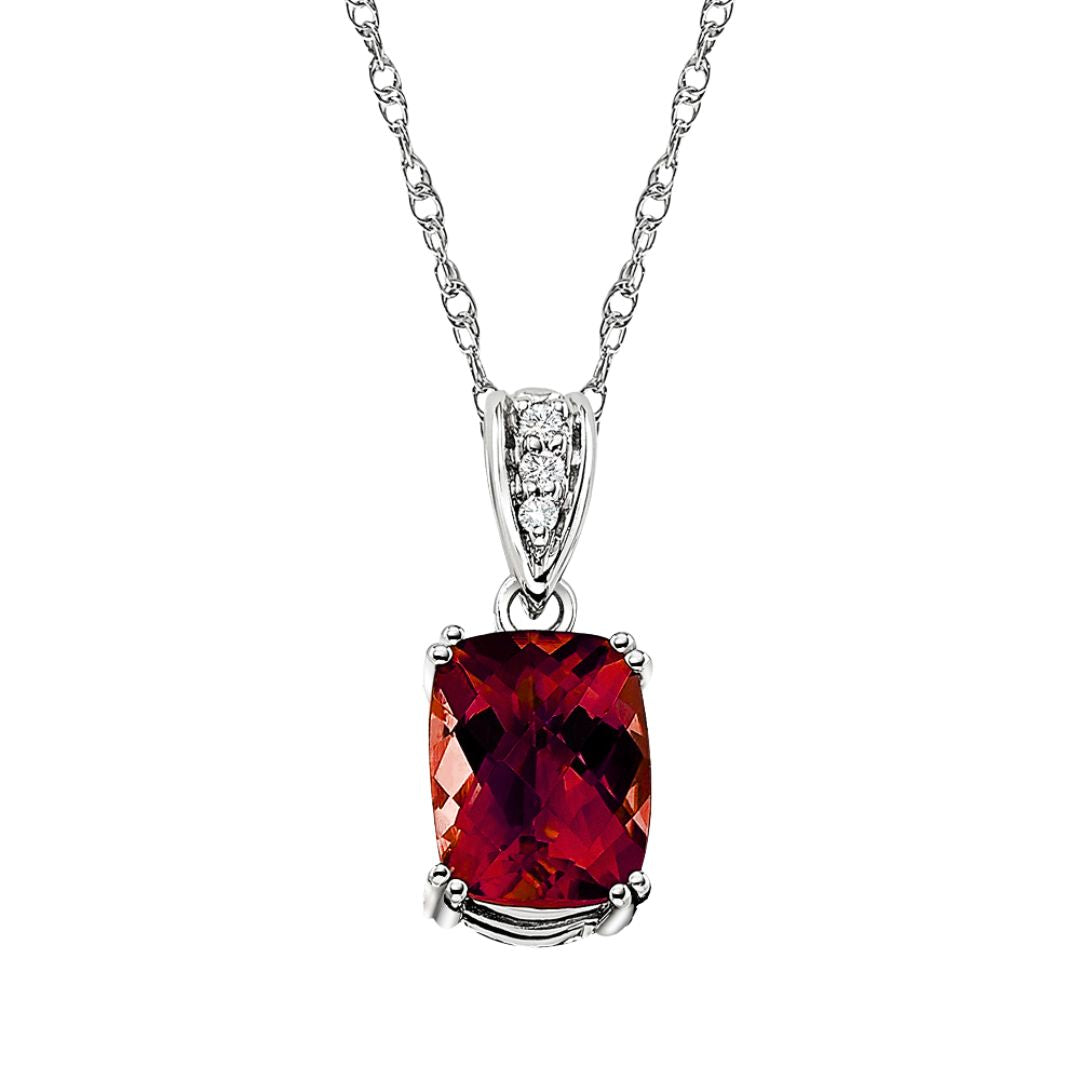 Garnet Cushion Checkerboard and Diamond Pendant with Double Vintage Style Prongs in Gold