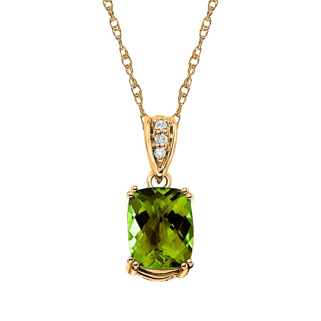 Peridot Cushion Checkerboard and Diamond Pendant with Double Vintage Style Prongs in Gold