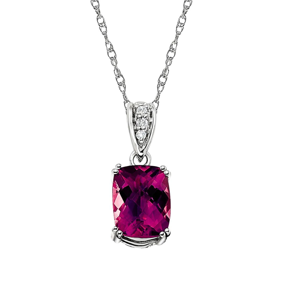 Rhodolite Cushion Checkerboard and Diamond Pendant with Double Vintage Style Prongs in Gold
