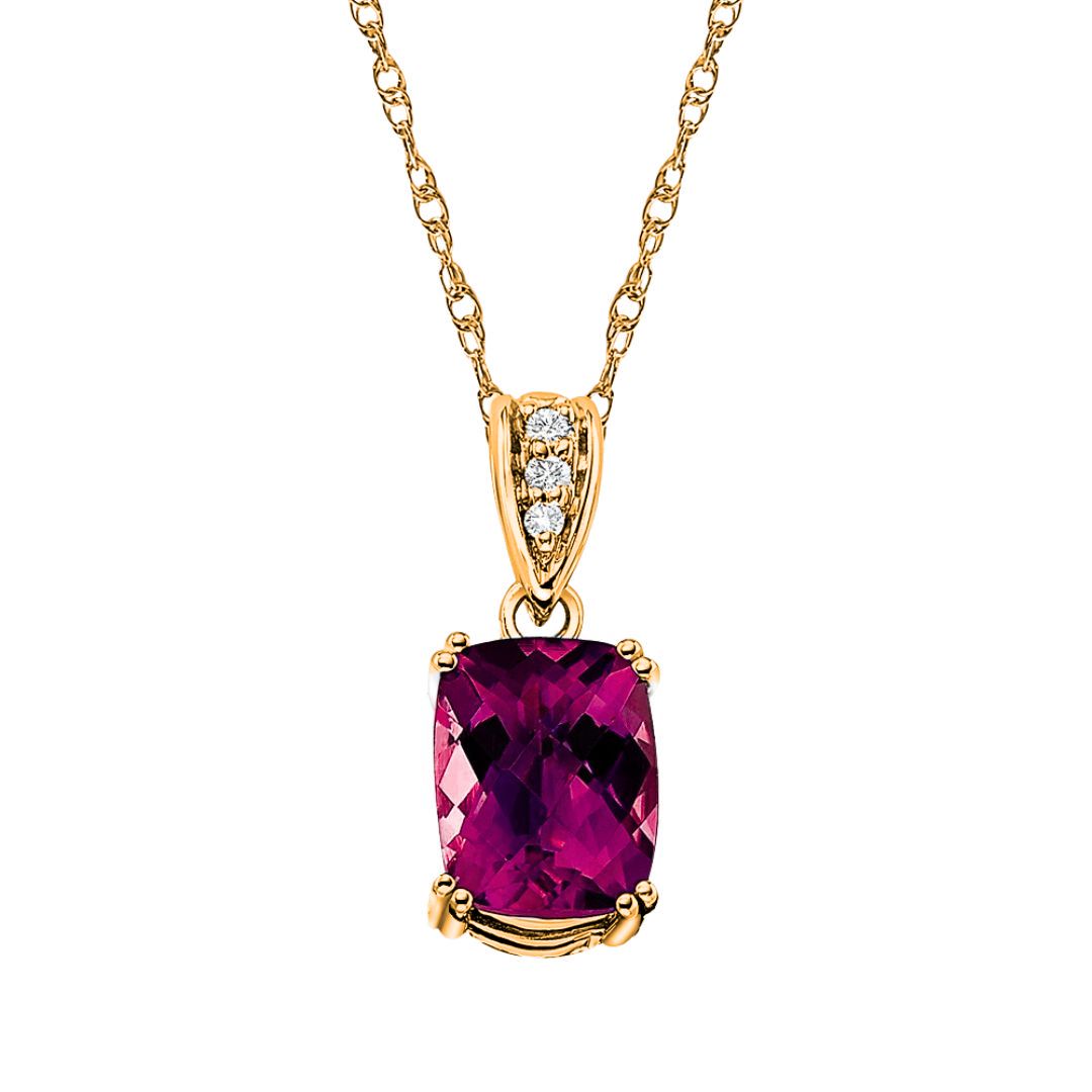 Rhodolite Cushion Checkerboard and Diamond Pendant with Double Vintage Style Prongs in Gold