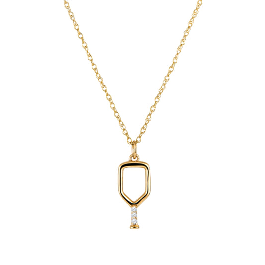 pickleball themed jewelry, gold pickleball jewelry, gold pickleball necklace, diamond pickleball pendant