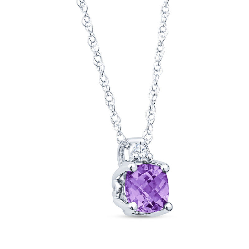 14KT White Gold Amethyst Pendant Vintage Style Cushion Checkerboard with Diamond on 14K 18" Rope Chain 