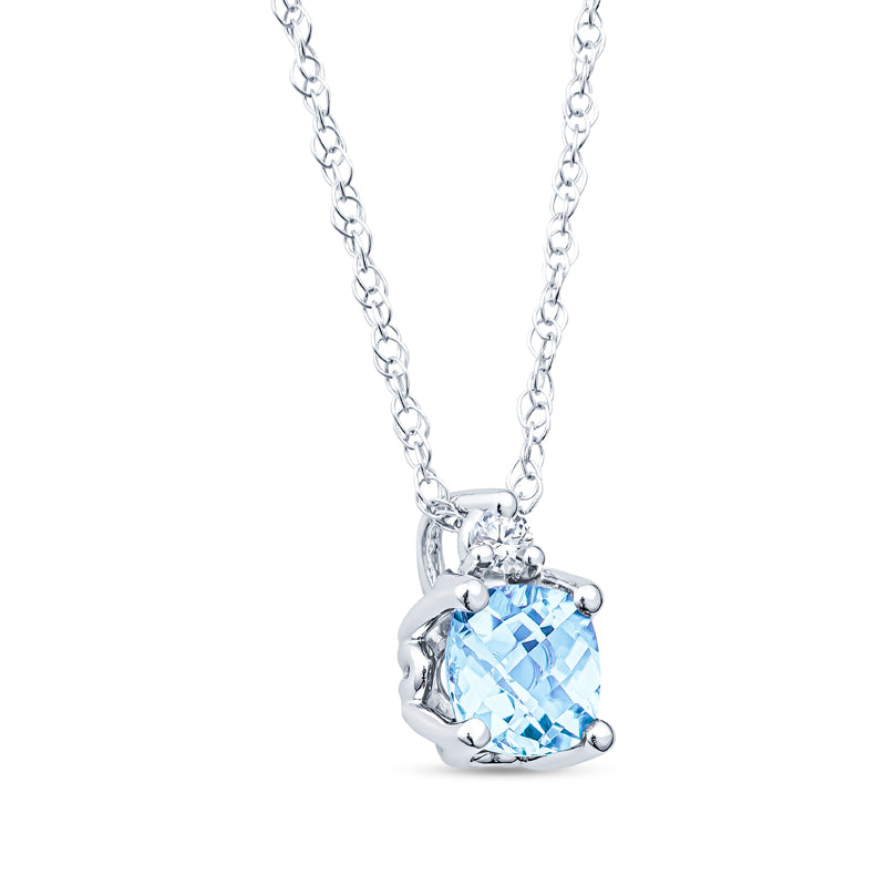 14KT White Gold Aquamarine Pendant Vintage Style Cushion Checkerboard with Diamond on 14K 18" Rope Chain 