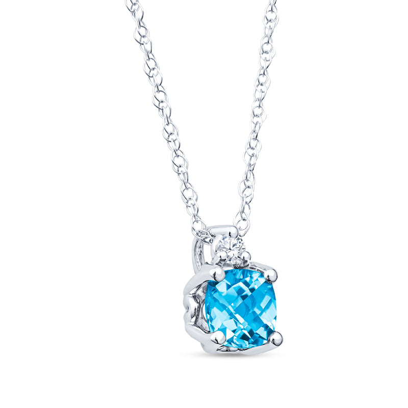 14KT White Gold Blue Topaz Pendant Vintage Style Cushion Checkerboard with Diamond on 14K 18" Rope Chain 