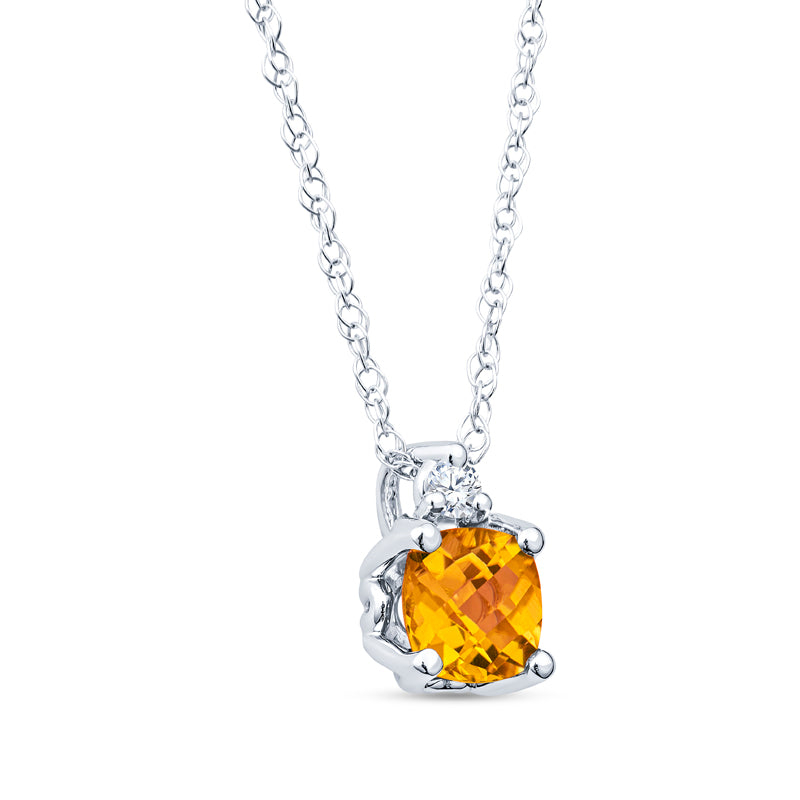 14KT White Gold Citrine Pendant Vintage Style Cushion Checkerboard with Diamond on 14K 18" Rope Chain 