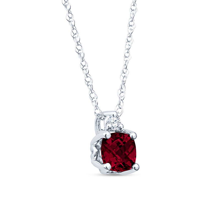 14KT White Gold Garnet Pendant Vintage Style Cushion Checkerboard with Diamond on 14K 18" Rope Chain 