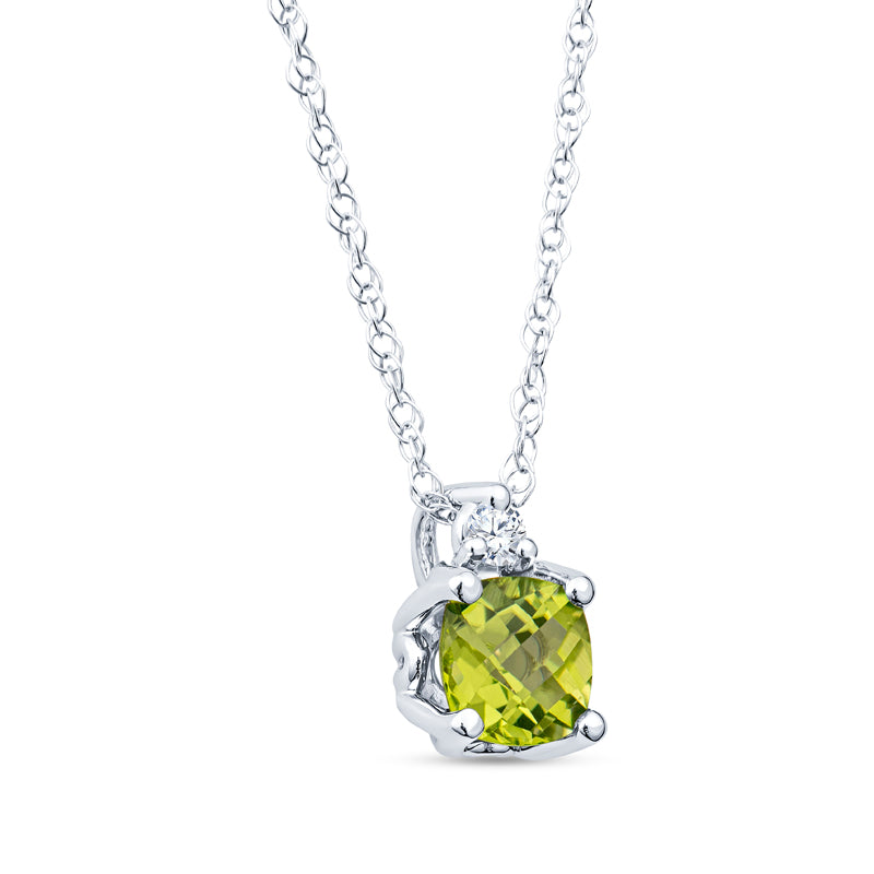 14KT White Gold Peridot Pendant Vintage Style Cushion Checkerboard with Diamond on 14K 18" Rope Chain 