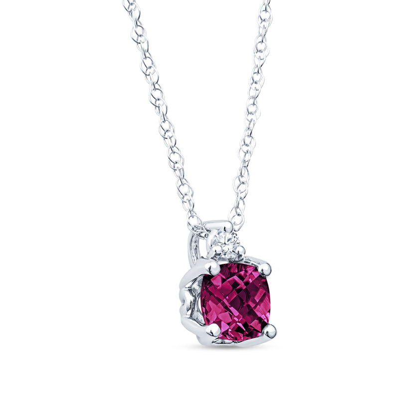 14KT White Gold Rhodolite Pendant Vintage Style Cushion Checkerboard with Diamond on 14K 18" Rope Chain 