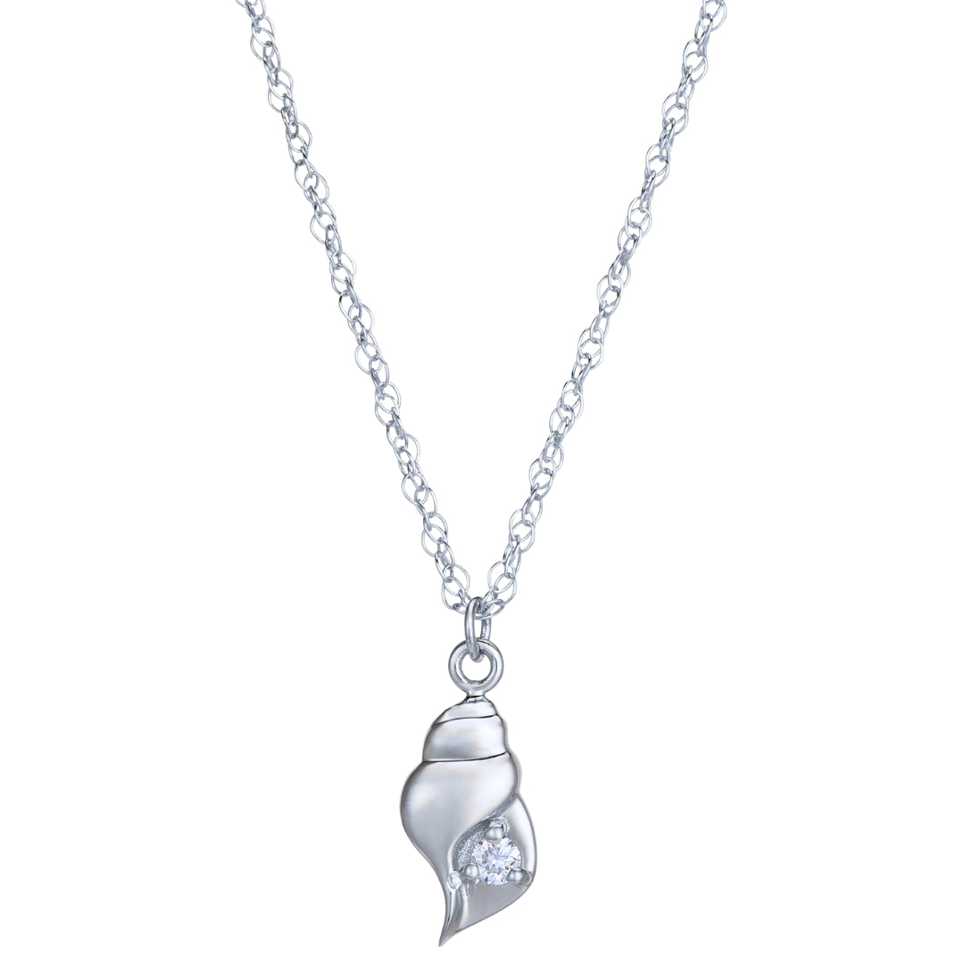 New England Neptune Symbolic Shell Pendant in Diamond and 14KT White Gold Micro Pendant for Layering Necklaces and Jewelry