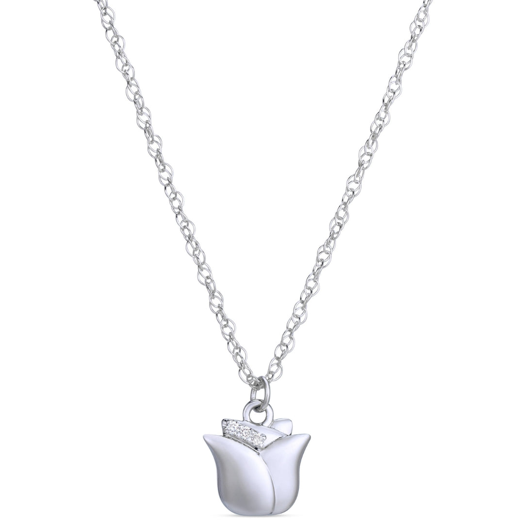 Symbolic Tulip Diamond Micro Pendant in 14KT White Gold for Layering Necklaces