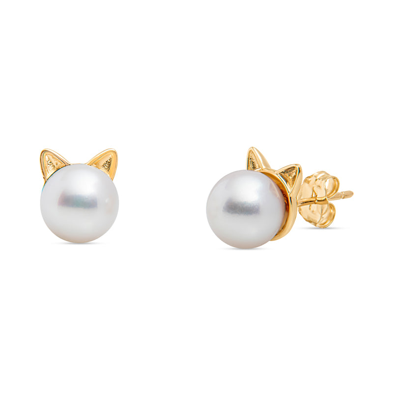 cultured pearl earrings, gold pearl earrings, fine jewelry cat earrings, gold cat earrings
