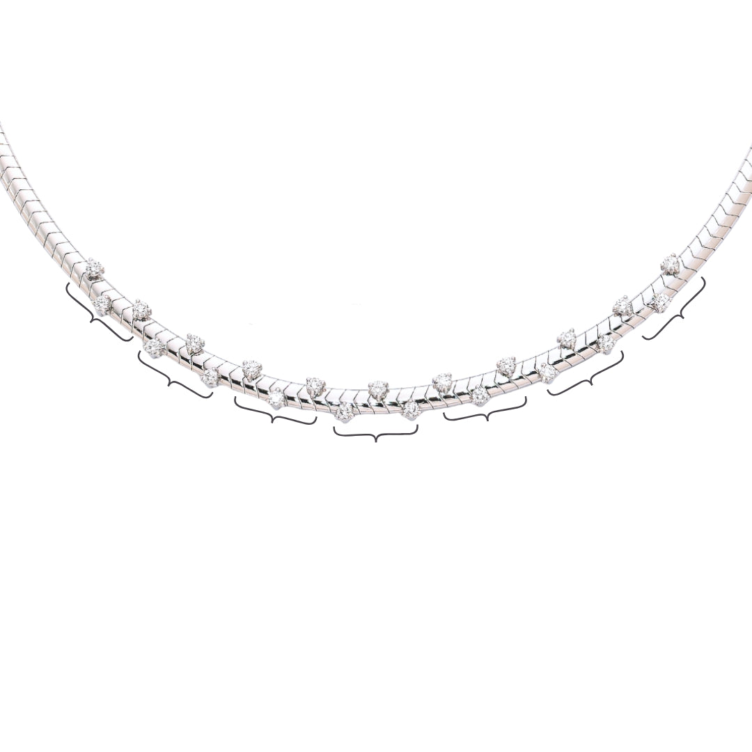 Made in America Jewelry by Jabel Diamond Omega slides from Floating Diamond Collection, showing where clusters lay along chain
