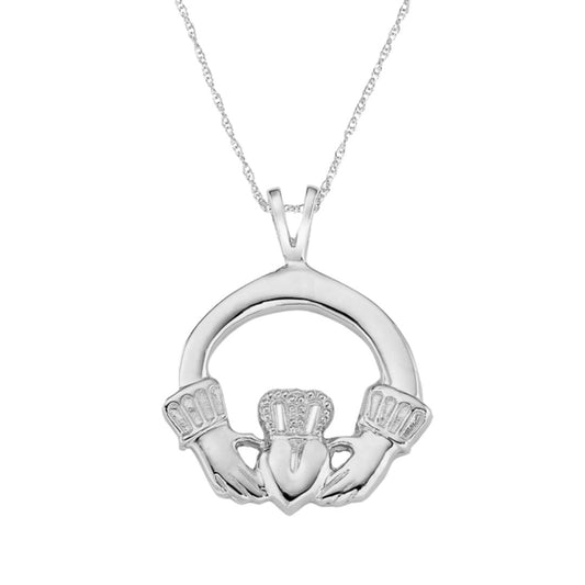 Silver Claddagh pendant on a chain against a white background