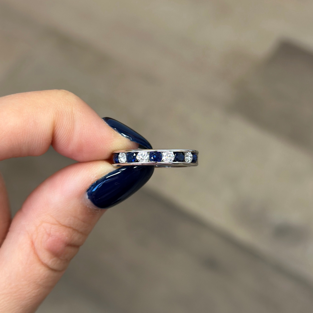 Made in America Jewelry Sapphire and Diamond Band in 14KT White gold