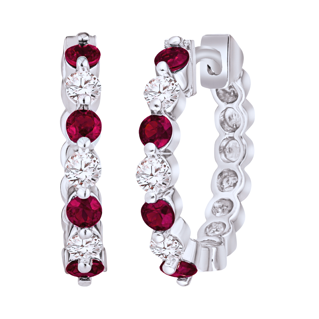 Ruby and Diamond Hoop Earrings, July birthstone jewelry, ruby diamond earrings, ruby hoop earrings