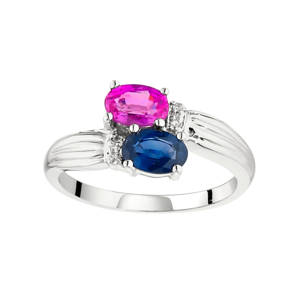 sapphire and pink sapphire ring, pink and blue sapphire ring, east west ring, sapphire ring, sapphire gold ring, sapphire diamond gold ring, blue and pink sapphire jewelry, blue pink sapphire diamond gold jewelry