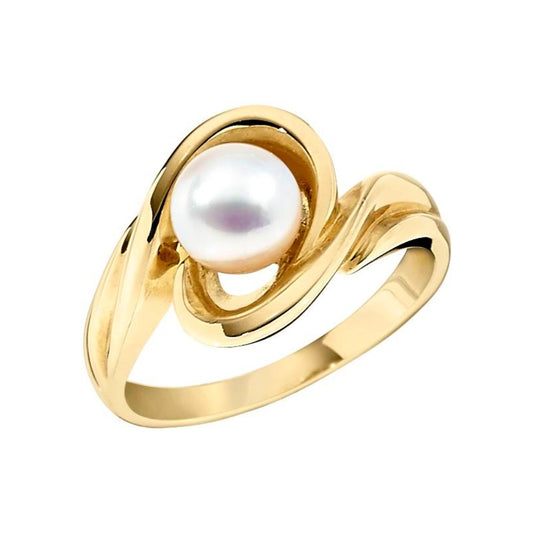 pearl yellow gold ring, cultured pearl gold ring, swirl gold pearl ring, bypas pearl ring, bypass cultured pearl ring