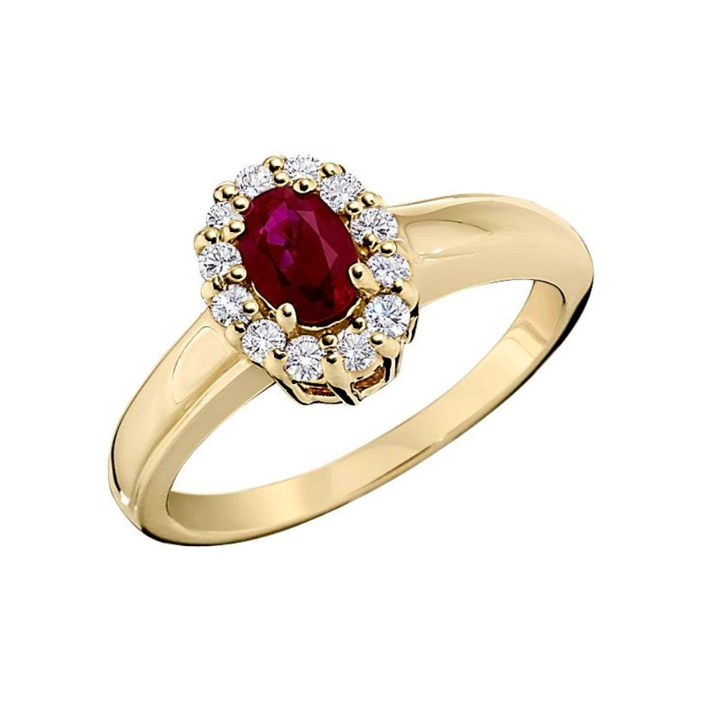 july birthstone ring, ruby diamond ring, ruby diamond halo ring, ruby diamond gold ring, ruby diamond gold halo ring, princess di style ring