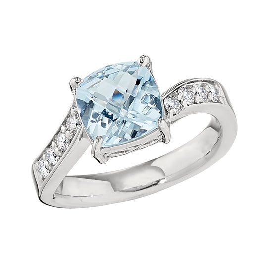 March Birthstone, Modern Aquamarine Ring, bypass gemstone rings, cushion cut aquamarine ring, aquamarine diamond ring, aquamarine diamond gold ring, white gold modern aquamarine rings