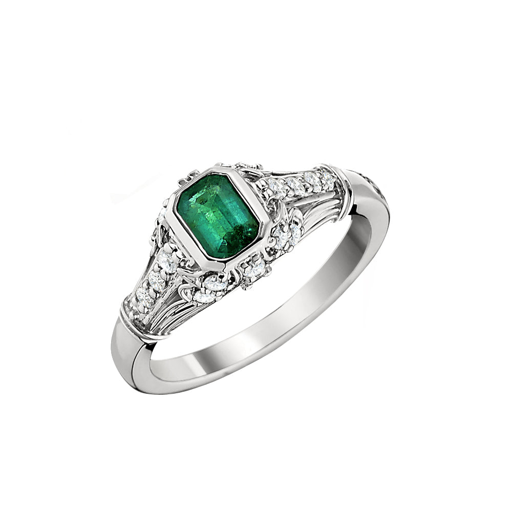 vintage rings in emerald and diamond, antique emerald rings, emerald diamond gold rings, emerald engagement rings, old fashioned emerald rings, Emerald Cut Emerald and Diamond Ring