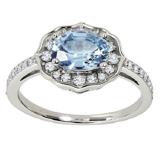 East West Gemstone Halo Ring, vintage style east west aquamarine ring, aquamarine diamond ring, aquamarine diamond gold ring