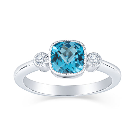 Antique Cushion Blue Topaz and Diamond Ring Small