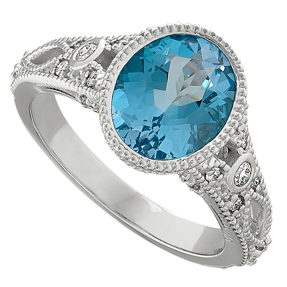 Swiss Blue Topaz Antique Style Ring with Bezel setting and millgraining, blue topaz diamond rings, blue topaz diamond white gold rings
