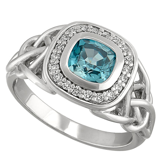 blue zircon diamond ring, blue zircon diamond gold ring, celtic rings with gemstones, big blue zircon rings, cushion blue zircon ring