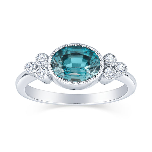 vintage style ring blue zircon and diamonds in 14KT White Gold Made In USA jewelry