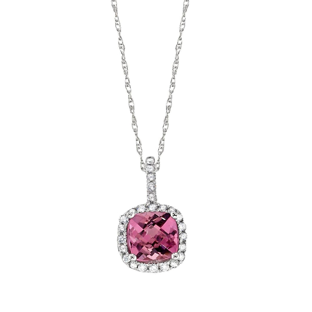 October Birthstone, halo pendant, gemstone halo pendant, pink tourmaline pendant, pink tourmaline and diamond gold pendant