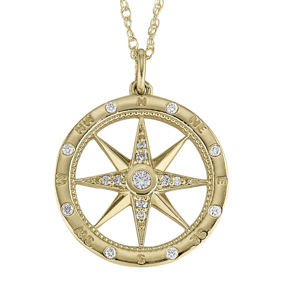 symbolic diamond gold pendants, symbolic jewelry, compass gold pendant, gold and diamond compass pendant
