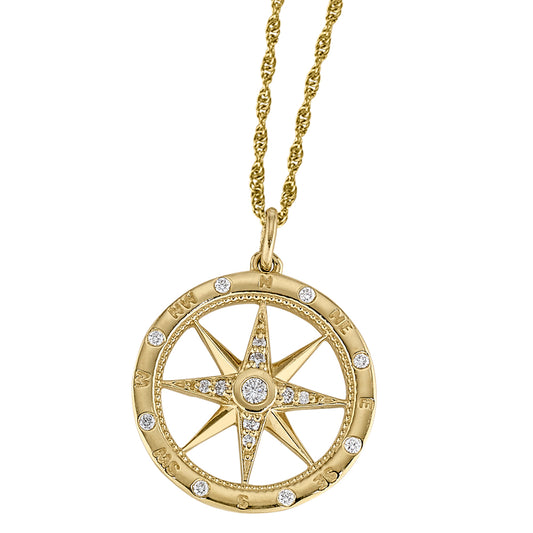 symbolic diamond gold pendants, symbolic jewelry, compass gold pendant, gold and diamond compass pendant